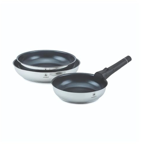 LAGUIOLE, Juego de 3 sartenes extraíbles de acero inoxidable, revestimiento cerámico antiadherente, compatibles con inducción, fáciles de guardar y limpiar, 20/24/28 cm, color plata