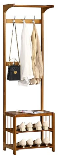 Bambusgarderobe mit Schuhaufbewahrung und abnehmbaren Haken, freistehender Flurbaum für Flur und Wohnzimmer (Tan)