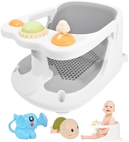 Bebamour Baby Bath Seat 6 Months+ Child Bath Tub Non-Slip Baby Bath Chair with Toys, Water Jug, Grey New
