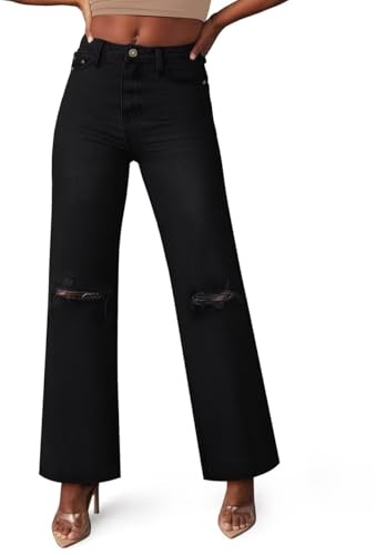 KDF Straight Leg Jeans for Women Ripped Jeans Womens Baggy Jeans for Woman Distressed Destroyed Denim Black Wide Leg Jeans Pants Size 6