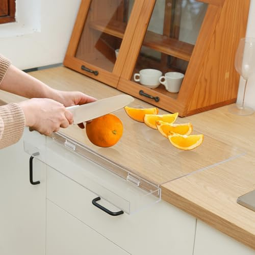 Acrylic Cutting Board with Waste Container and Counter Lip,17x13 Inch Large Clear Cutting Board for Kitchen Countertop,60% Thicker,Non-Slip - Ideal for Cutting Vegetables, Fruits, Meat, and Bread