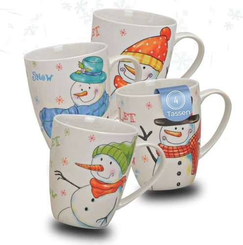Schönes Weihnachtstassen 4er Set - große 300 ml Kaffee-Tassen mit lustigen Schneemann Weihnachtsmotiven