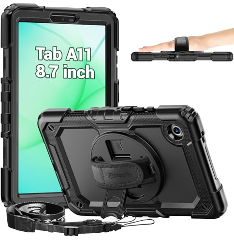 Timecity Case for Samsung Galaxy Tab A11 8.7 inch 2025 (SM-X130/X133/X135) | Shockproof Cover with Screen Protector, 360 Rotating Stand/Hand Strap/Pencil Holder for Samsung A11 Tablet Case 8.7,Black