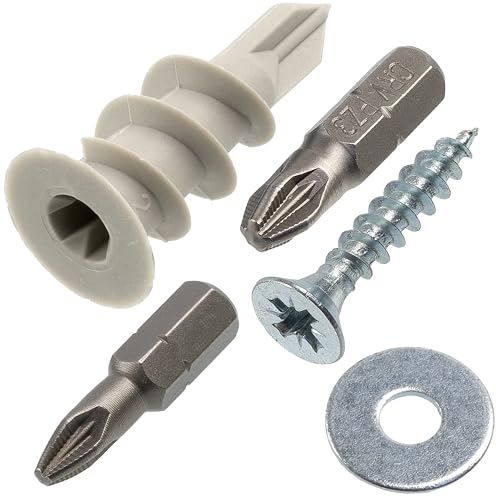 AERZETIX - Kit med 25 gipsankare Ø13x34 mm i nylon + 25 träskruvar Ø4.5x25 mm + 25 breda brickor för M5-bult + 2 PZ2/PZ3 1/4x25 mm bits