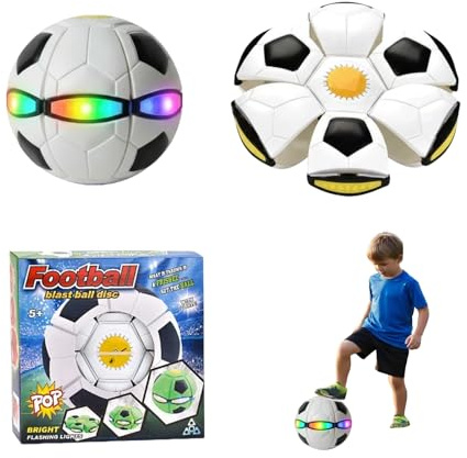 Vmeoap Magic Ball - 2-in-1 Shape-Shifting Magic Bouncing Ball with 6 LED Lights, Flying Saucer Disc, Impact-Activated Light Up Toys for Indoor & Outdoor Play, Frisbees for Kids (Soccer Pattern)