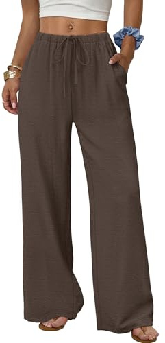 Sampeel Wide Leg Pants Woman Dressy Casual Flowy Palazzo Pants Business Casual Outfits Work Linen Clothes Summer Pant Petite Vacation Outfits 2026 Chocolate Brown Clothes S