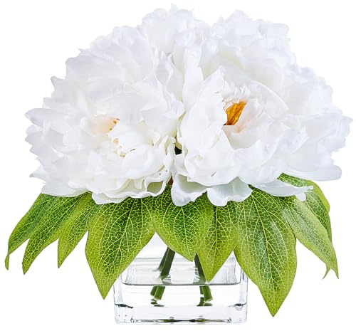 VeriNatural Artificial Hydrangea in Glass Vase 26cm, White Faux Flowers | Real touch silk bouquet for indoor home decor, wedding table, spring floral arrangement and small plant display