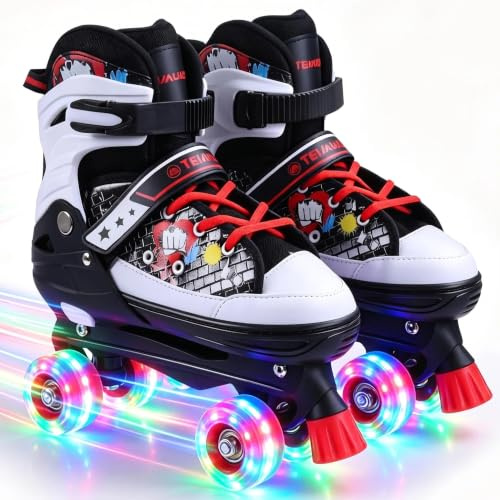 4 Sizes Adjustable Kids Roller Skates for Girls Boys Indoor Outdoor Sports | 4‑Wheel Quad Skates, All Light Up Wheels, Birthday Gifts for childrenTeens Youth Adults