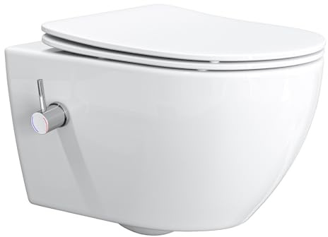 HOROW Doccia WC con ugello integrato, WC sospeso con funzione bidet, WC Taharet con nano-rivestimento, doccia WC con rubinetto, sedile WC con abbassamento automatico, acqua fredda/calda, 53 x 36 x 35