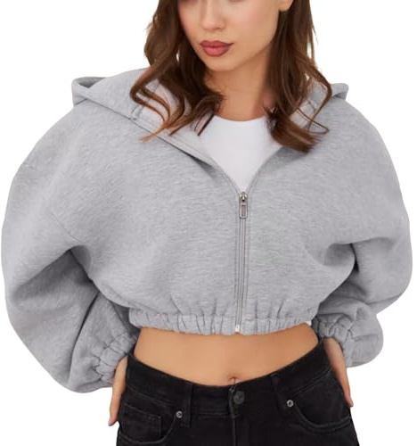 Huvtröja med dragkedja cropped tröja, sweatjacka dam med huva | Sweatshirt långärmad, jacka damer höst kort kappa fritidsjacka enfärgad casual övergångsjacka magfri huvjacka
