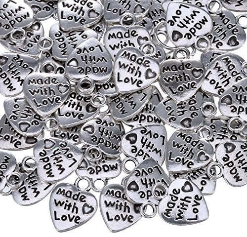Sumind 60 Stück Made with Love Anhänger - Antiquitäten Silberne Herz Charm für Basteln Schmuckherstellung Accessoires