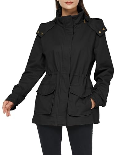 WenVen Women's Outdoor Hooded Windbreaker Jacket Autumn Casual Cotton Coat Ladies Slim Fit Jacket Classic Full-Zip Jackets Black L