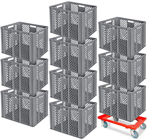BRB 10er Spar-Set Euro-Stapelbehälter Plus Transportroller, 600x400x410 mm Industriequalität lebensmittelecht grau