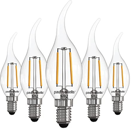 paul russells LED Flame Candle Filament Light – 2.5W 25W Equivalent Replacement, 250LM Lumens, 2700K Warm White, SES E14 Small Edison Screw C35T Bulbs – Energy Saving Non-Dimmable Lamps - 5 Pack