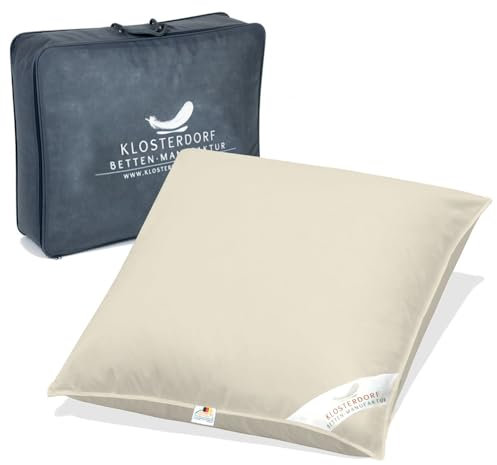 Klosterdorf Bettenmanufaktur Premium Bio Dreikammer Kopfkissen ''nobel'' - 80x80 cm - 1000 Gramm - Handarbeit aus Deutschland - Für einen gesunden Schlaf - Daunenkopfkissen Daunenkissen Dreikammer