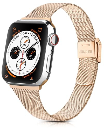 YLK Métal Bracelets Compatible avec Apple Watch 38mm 40mm 41mm 42mm 44mm 45mm Ultra 49mm, Acier Inoxydable en Métal Compatible pour iWatch 9 8 7 6 5 4 3 2 SE (38mm/40mm/41mm, é Or Rose)