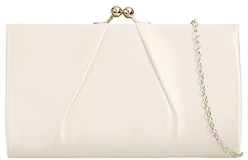 Purple Possum® Clutch Bag Ivory Cream Coloured Satin Evening Bag Gold Tone Clasp Top Purse Ladies Shoulder Bag Prom Wedding Handbag, beige, Large
