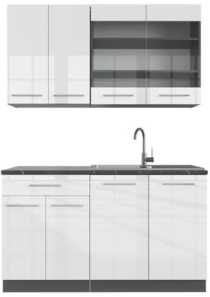 Vicco Singleküche Fame-Line, Weiß Hochglanz/Anthrazit, 140 cm | 4 Module · Höhenverstellbare Füße · Ohne Arbeitsplatte · MDF-Fronten · Softclose · Metallgriffe