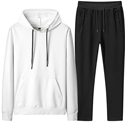 amropi Tuta da Ginnastica Uomo con Cappuccio e Pantaloni Sportivi Pullover Felpa Jogging Tute Bianco Nero,5XL