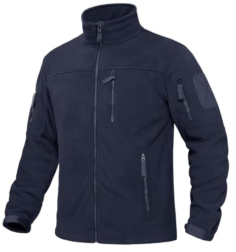 KEFITEVD Chaqueta de forro polar para hombre, resistente al viento, con cremallera, abrigo táctico cálido con 6 bolsillos, azul marino, L