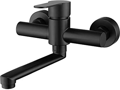 HomeLava 360° Drehbar Wasserhahn Küche Wandmontage Küchenarmatur Mischbatterien Wand Armatur Wandarmatur Einhebelmischer 304 Edelstahl Schwarz Auslauf 180mm