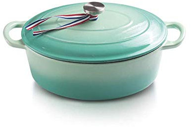 MXXHFC Versatile Saucepan with lid,Large Oval Cast Iron Shallow Casserole with Non-Stick Enemal Coating,Cyan & Red 4.3L/30cm-Cyan (Cyan)