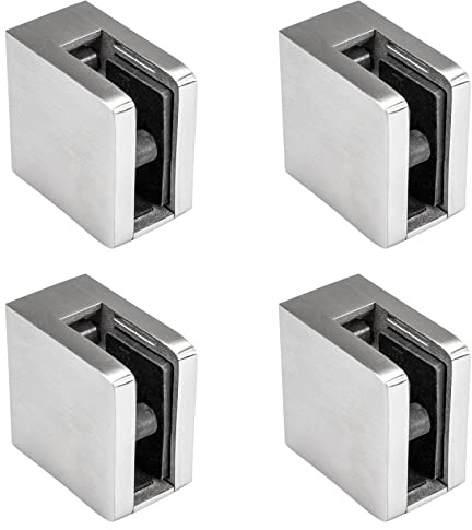 PRIOstahl Glashalter 4 Stück Glasklemmen Klemmhalter Glasplattenhalter mit Sicherungsplatte + Sicherungsstift 45 x 45 x 26 mm Anschluss: Flach für Glas 6 mm aus Edelstahl V2A