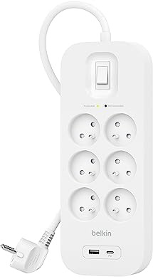 Belkin Multiprise Parafoudre 6 Prises avec USB-C et USB-A, Cordon de 2 m | Rallonge Électrique Avec USB-C Et USB-A, Fixation Murale, 6 Prises Électriques CA, Cordon 2 m, 650 J, Voyant Lumineux Vert