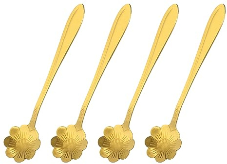 uxcell Lot de 4 cuillères à café en acier inoxydable en forme de fleur de soleil pour expresso, sucre, gâteau - Doré - 12,7 cm