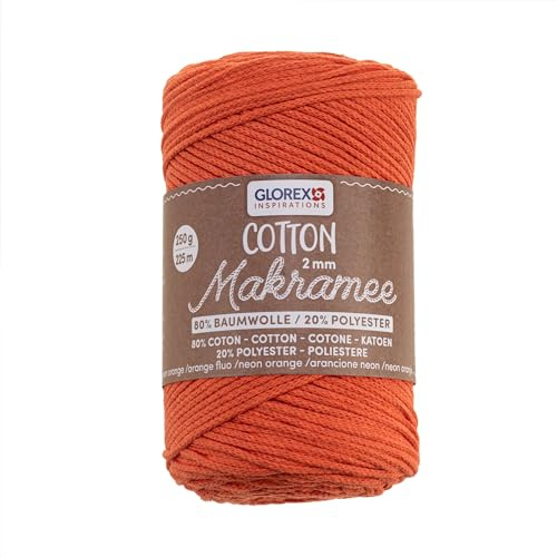 GLOREX 5 1008 35 - Makramee Cotton 2 mm, 250 g, Neon Orange, Länge 225 m, dreifachgedrehtes Baumwollgarn, 100 % Baumwolle, zum Häkeln, Stricken, Knüpfen und Gestalten