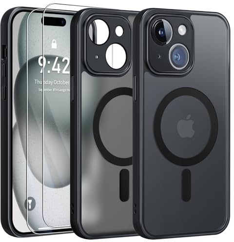 FLLAO Funda para iPhone 15, Compatible MagSafe, con 2 Piezas Protector de Pantalla Cristal Templado, [Protección de Cámara] Magnética Carcasa Translúcida Mate Trasera Fina Antigolpes, Negro