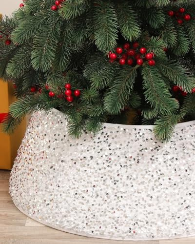 Odot Cache Pied Sapin de Noel Paillettes, Couvre Pied Sapin Noël Blanc, Christmas Tree Skirt pour Décorations de Fête à Domicile (55 x 72 x 26 cm)