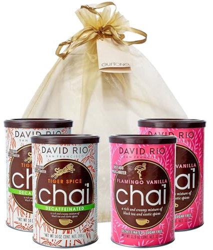 GUSTONE. David Rio Geschenkset ENTKOFFEINIERT Tiger Spice Decaf, Flamingo Vanilla Decaf, 4 x Dosen Chai Latte 1470g