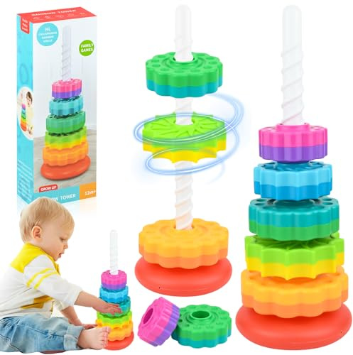 Yibang Stapelturm Baby Kinderspielzeug ab 1 2 3 Jahre - Stapelturm Spielzeug Baby 5 Scheiben Farbring Pyramide mit Spiralgewinde Zahnradspiel Ringstapelturm Ringpyramide Stapel Ringe für Kinder