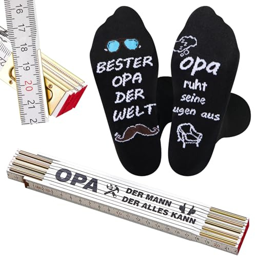 SATINIOR Opa Zollstock Geschenk Set 2 Meter Holz Zollstock mit Gravur Kreativer Gliedermaßstab Lustige Baumwolle Socken 36-42 Bester Opa Geburtstagsgeschenk für Männer Großvater Weihnachten