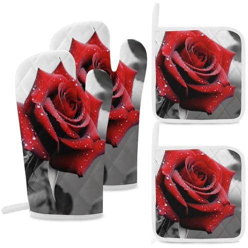 Ofenhandschuhe und Topflappen, hitzebeständig, Ofenhandschuh und Topflappen, schwarz und weiß, rote Rose, Grillhandschuhe, heiße Pads, Kochhandschuhe für Küche, Backen, Grillen, 4-teilig