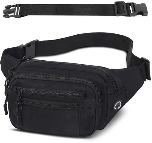 Bauchtasche Gürteltasche Hüfttasche mit Einem 30 cm Verlängerten Gürtel Unisex Modern Umhängetaschen Handytasche für Outdoor Reise Wandern Hundetraining Damen und Herren (Schwarz)