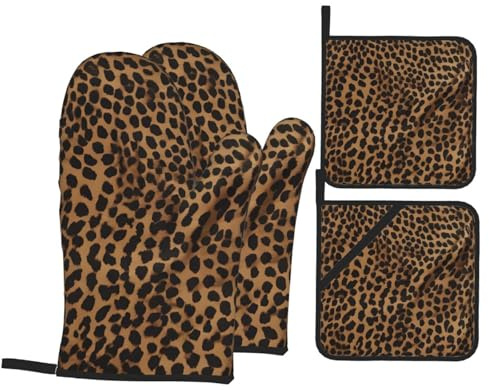 Ofenhandschuhe und Topflappen mit Leopardenmuster, hitzebeständig, für Küche, Kochen, Grillen, Backen, Geschenke, 4 Stück