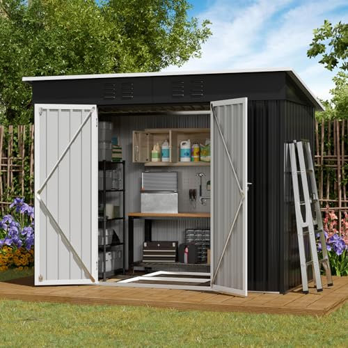 Amopatio Casetta da giardino con tetto spiovente, 228 x 109 x 182 cm, casetta da giardino in metallo con porta, copertura zincata da giardino in metallo con cornice，Nero