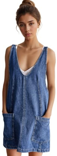 LifeShe Denim Overall Dress for Women Sleeveless High Roller Skirtall Short Jean Jumper Dress Mini Pinafore, Blue, XL