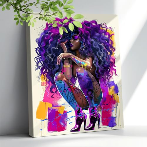 Afroamerikanische Wandkunst, Graffiti, schwarzes Mädchen, Portrait, magisch, violett, Bilder, Leinwand, Wanddekoration, Geschenk für schwarze Frauen, abstrakte, bunte afrikanische Frau, Gemälde,