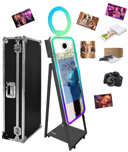 Cabine photo magique portable de 101,6 cm, écran tactile de 54,6 cm avec cadre LED, mini miroir à selfie intégré pour la location d'événements (noir, 101,6 cm + appareil photo + mini imprimante)