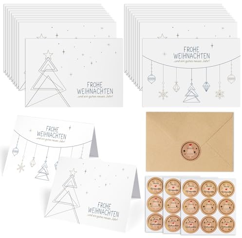 Weihnachtskarten mit Umschlag Set, 20 Stück Weihnachtskarten und 20 Stück Kraftpapier Umschläge, Einfach Modern Weihnachtskarte, Geschäftlich und Familie(15 x 10.5 cm)