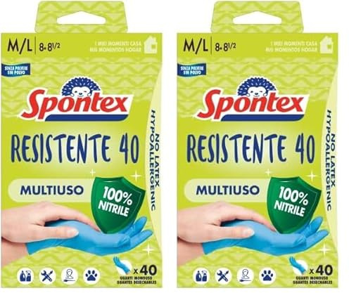 Spontex Guanti Monouso Resistente 40, Guanti in Nitrile Ipoallergenici, 40 Pezzi, Taglia M/L (Confezione da 2)