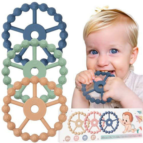 3 Stück Beißring, Silikon Spielzeug, Ruder Beißspielzeug Kühlend Greifling, Zahnen Hilfe, Geschenk Junge Mädchen Ab 6 9 Monate, 0-12, 12-24, Baby Zubehör (Kaffee Grün Blau)