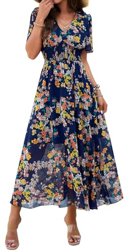IFFEI Women Summer Maxi Dress Short Sleeve Wrap V Neck Floral Print High Waist Long Flowy Dresses L Navy Blue