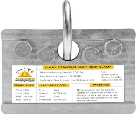 Fall Protection Roof Anchor, 2-Way Standing Seam Clamp | Non-Penetrating Design | 5000lbs Capacity | Galvanized Steel | for Metal Roof & Ladder Safety