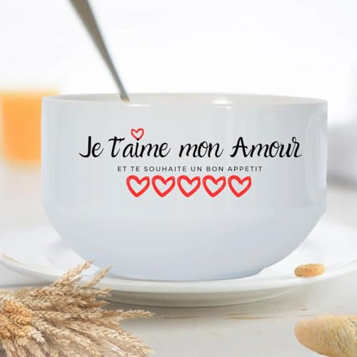 Générique Bol Céramique, Style Champêtre Française, Bol Je t'aime mon amour avec coeurs, 1 Unité