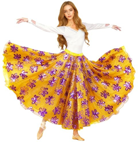 Baisdan Gonna da Donna 2 Strati per Danza del Ventre, Gonna in Raso con Paillettes Farfalla per spettacoli teatrali Costume
