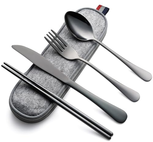 DEVICO Travel Cutlery Set with Case, Portable Camping Cutlery Set for 1, Reusable Stainless Steel Knife Fork Spoon Chopsticks for Lunch Box, Work, Picnic, School (5Pcs-Black)